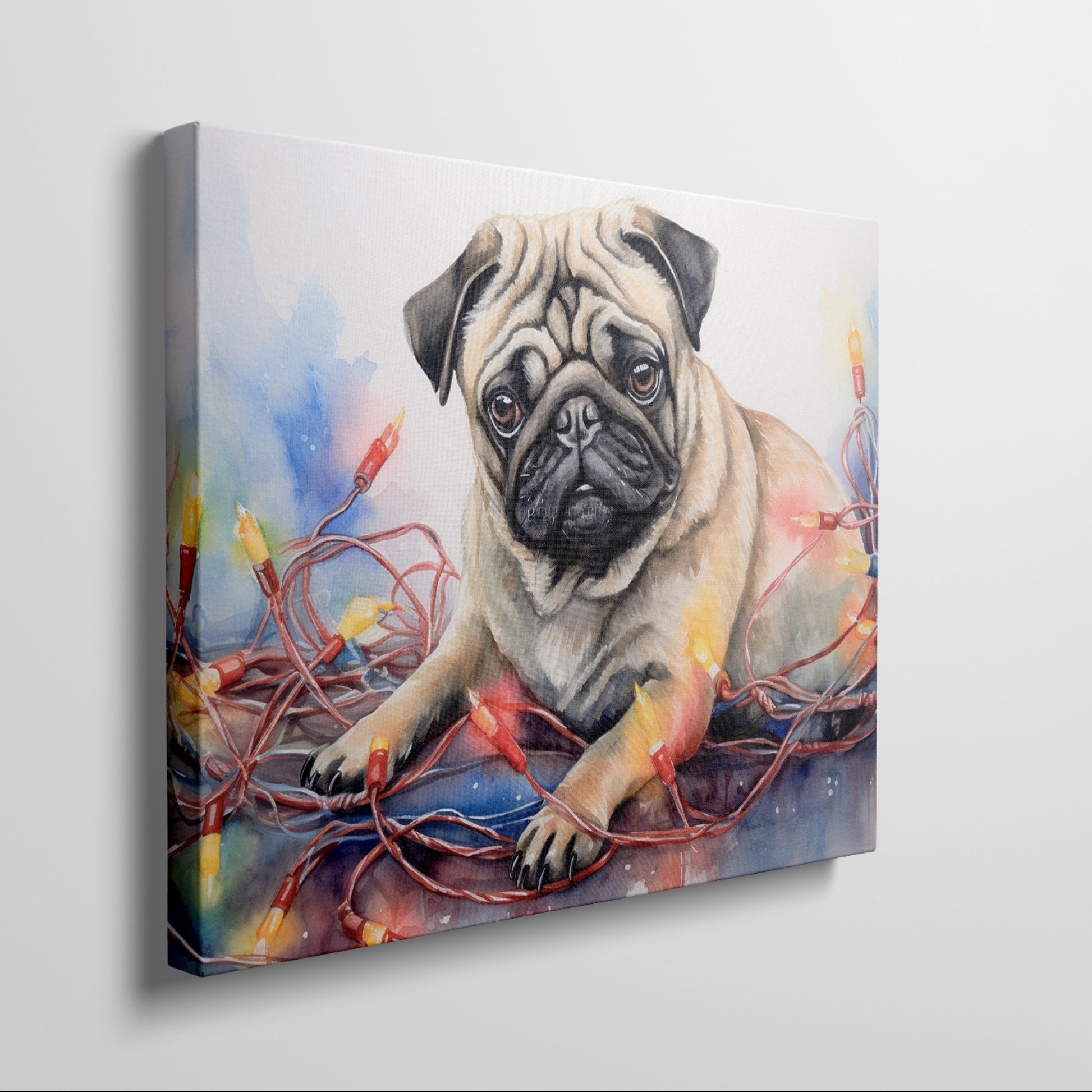 Framed canvas print of a lovable pug entwined with colourful Christmas lights in a painterly watercolour style