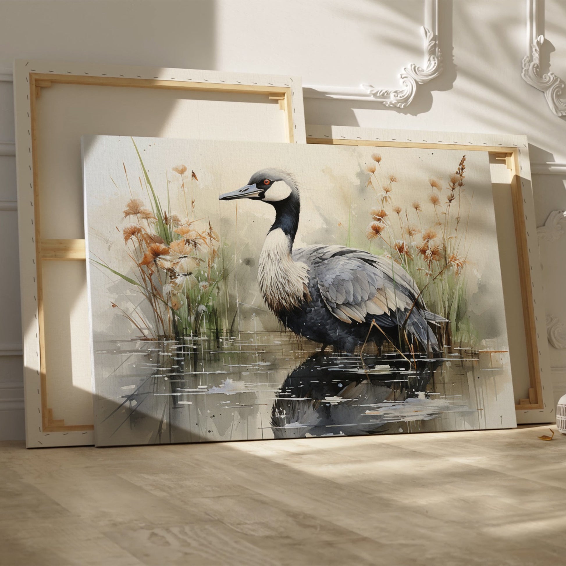 Framed canvas print of a crane amongst reeds in a watercolor wetland scene with neutral tones