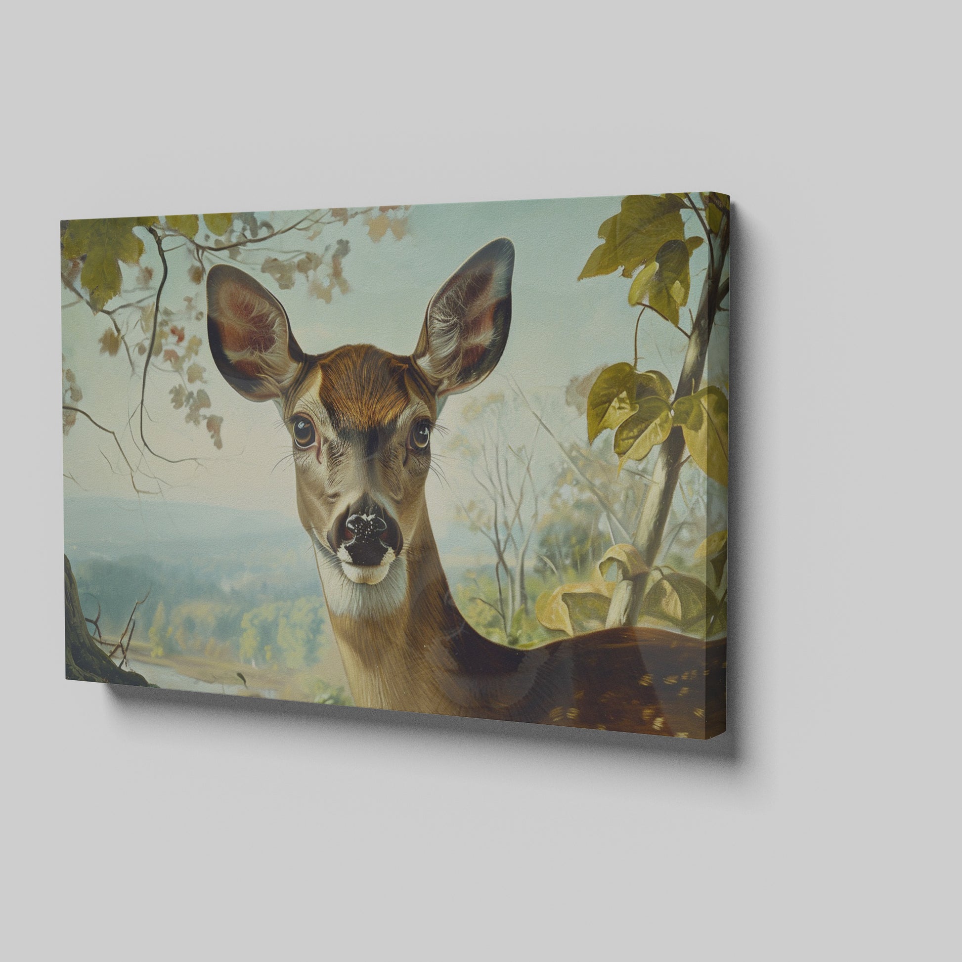 Framed canvas print of a realistic deer in a serene countryside setting with earthy tones