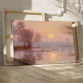 Framed canvas print of a misty river sunrise with reflection and soft pastel colours in impressionist style