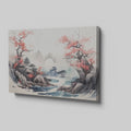 Framed canvas print of Oriental landscape with cherry blossoms and pagoda