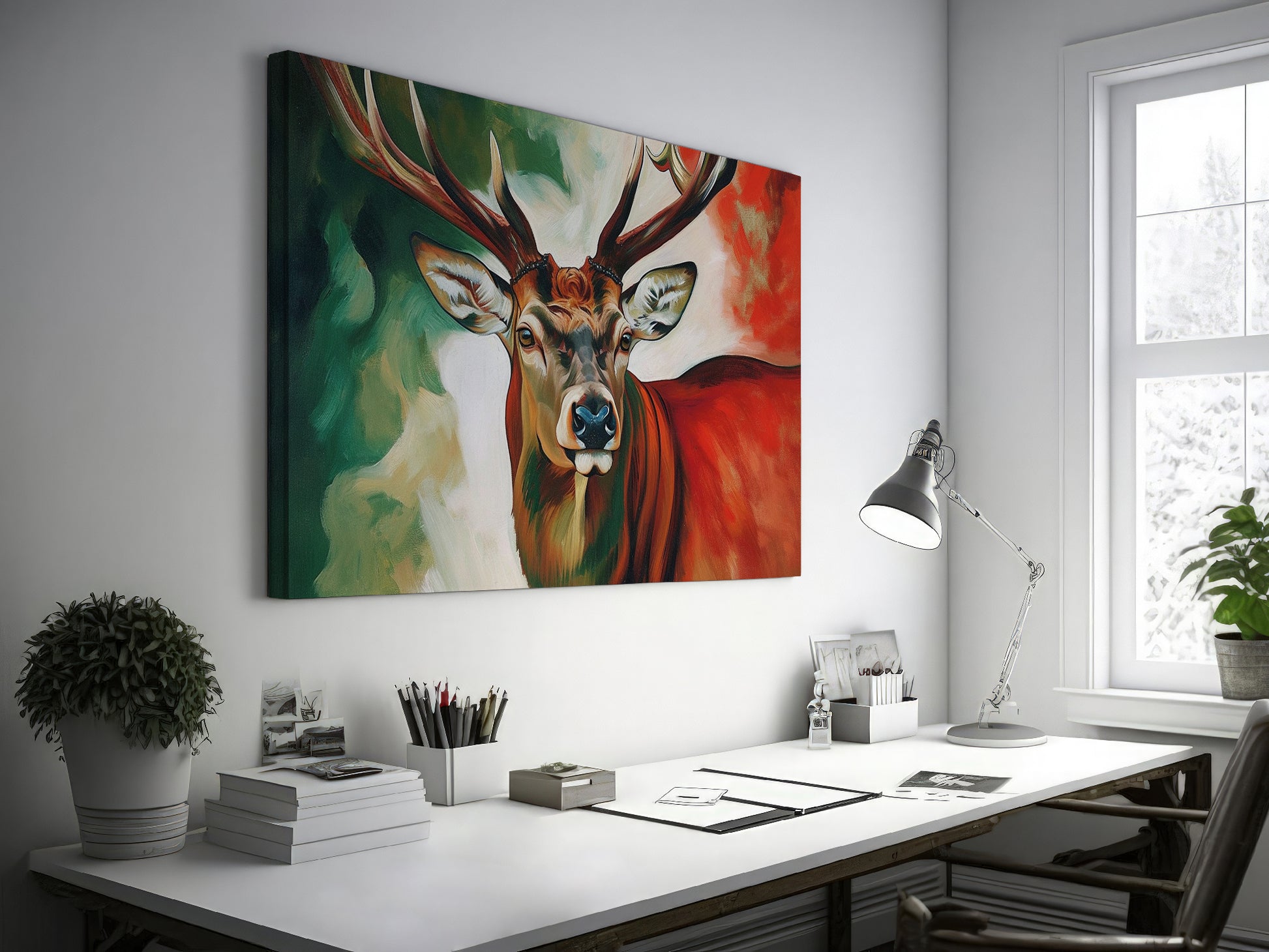 Framed canvas print of an impressionist stag portrait with vibrant red and green tones