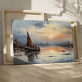 Framed canvas print of impressionist sailboat at sunset with vibrant sky and reflective water