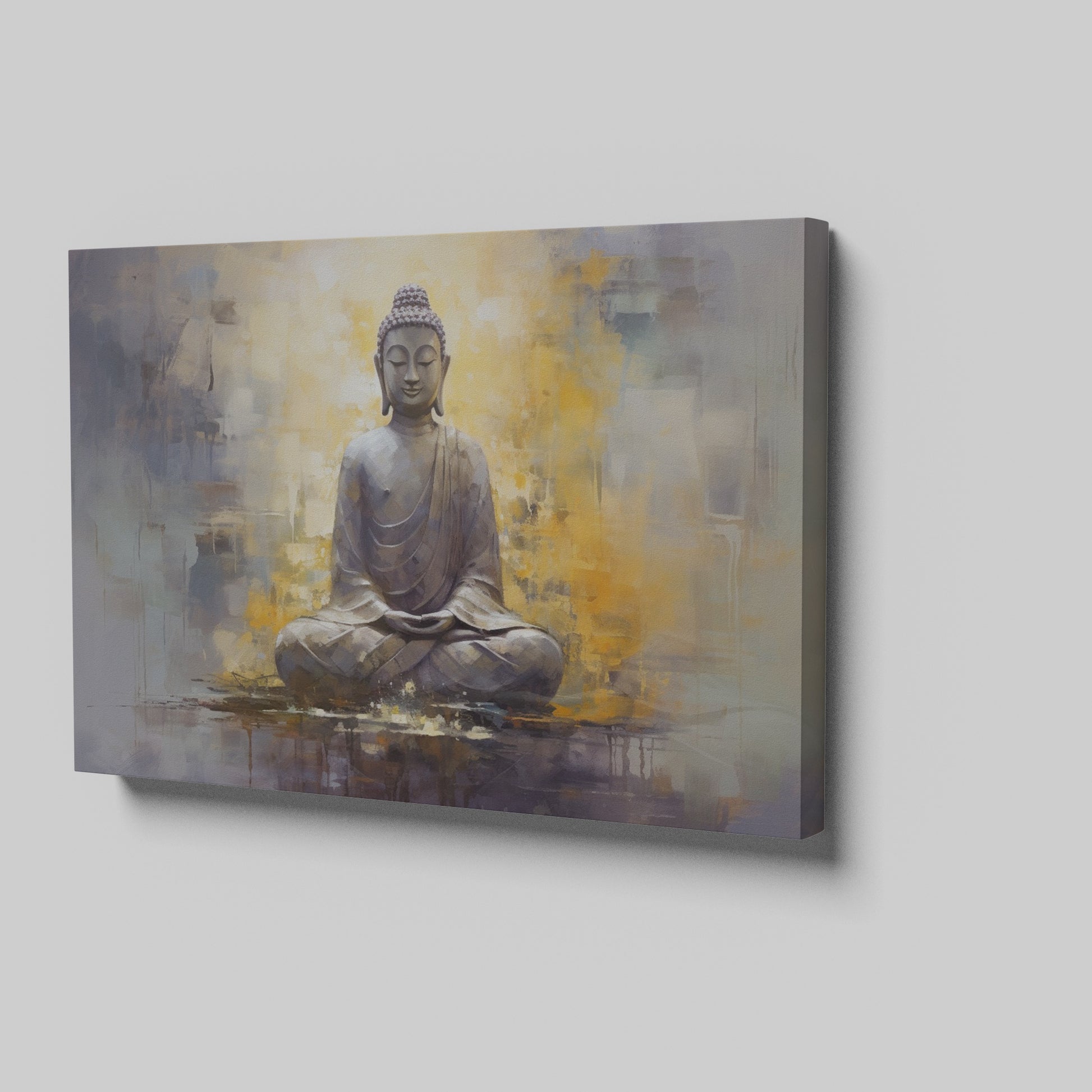 Framed canvas print of a serene Buddha in meditation with abstract warm and cool tones