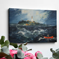 Framed canvas print of a stormy sea with a lighthouse on a cliff and a small boat navigating the waves