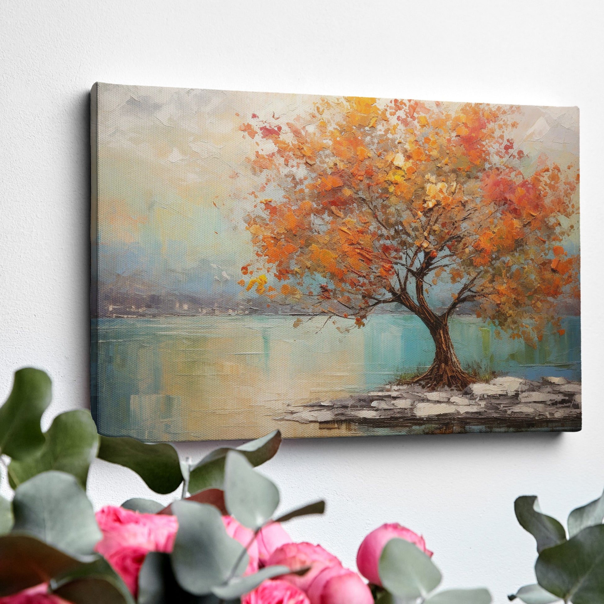 Framed canvas print of a textured autumnal tree with orange and gold foliage by a serene lake