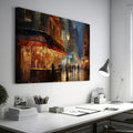 Framed canvas print of an impressionistic cityscape at twilight with a café terrace and bustling streets