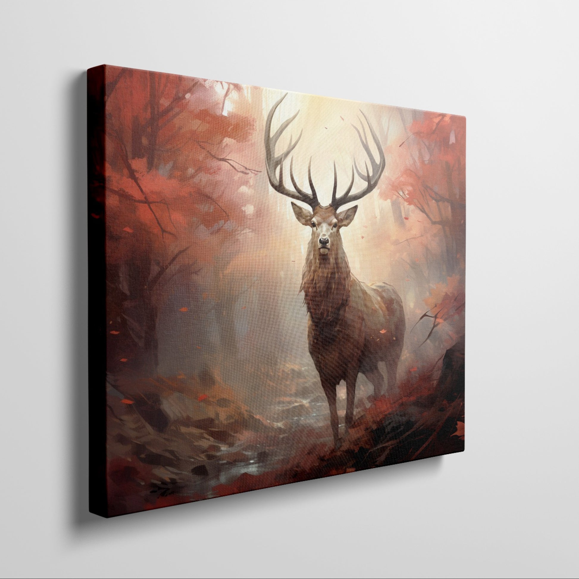 Framed canvas print of a majestic stag in an autumnal forest with red leaves