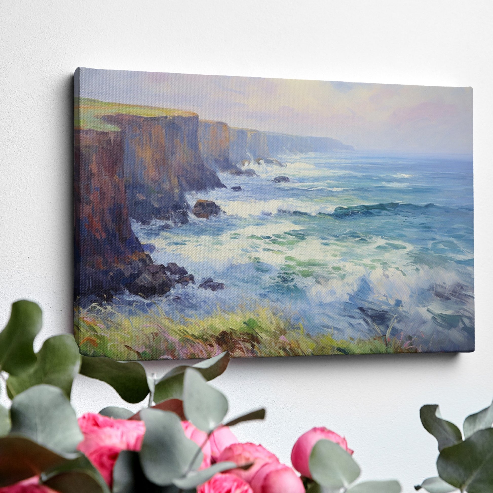 Framed canvas print of a vibrant impressionist seascape with cliffs and ocean waves