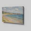 Framed canvas print of Impressionist seascape featuring a sunlit British coastline with blue waters and sandy beach