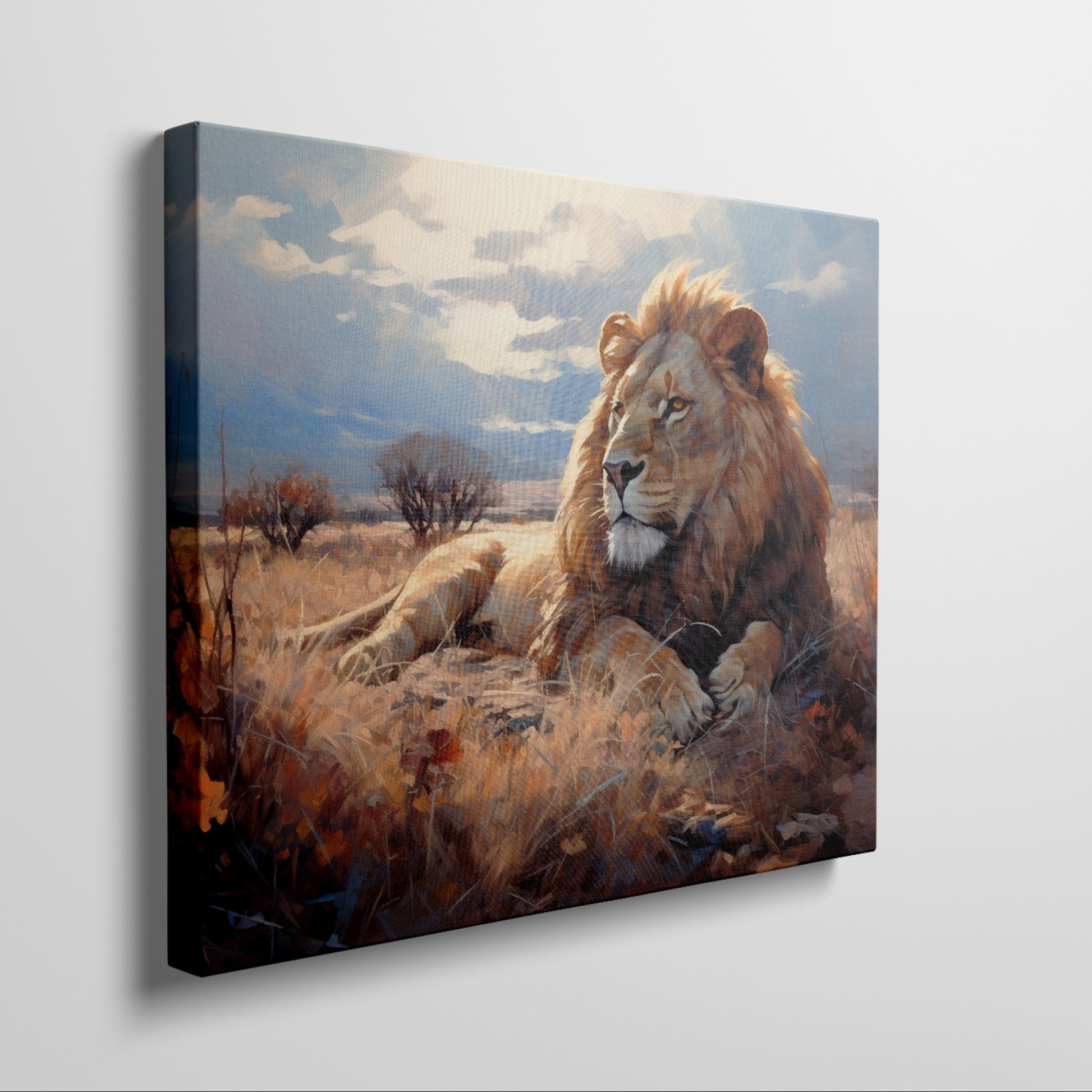 Framed canvas print of a majestic lion basking in the golden light of the African savannah