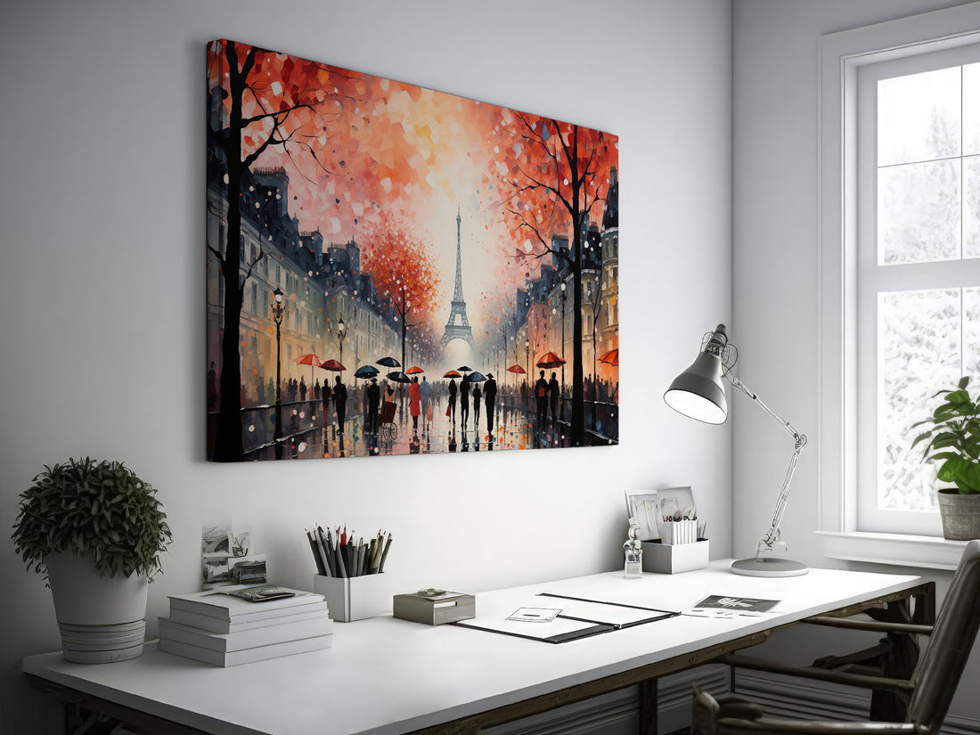 Framed canvas print of an Impressionist Parisian scene with Eiffel Tower and autumn trees