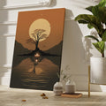 Framed canvas print of African sunset with large sun, tree silhouette, and candle reflection