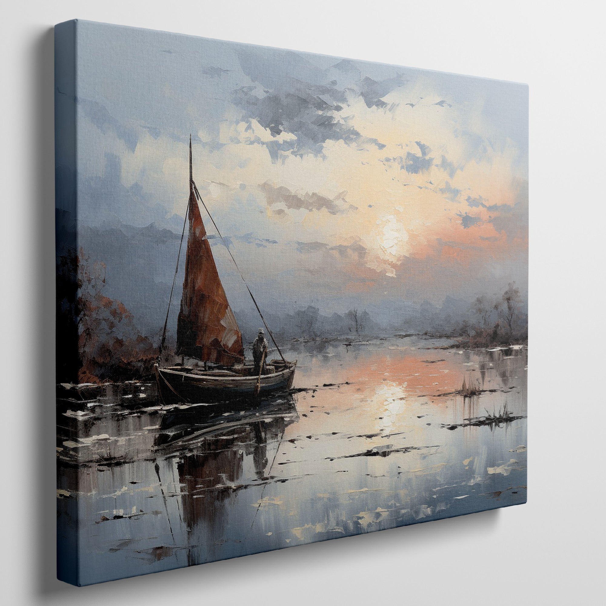 Framed canvas print of impressionist sailboat at sunset with vibrant sky and reflective water