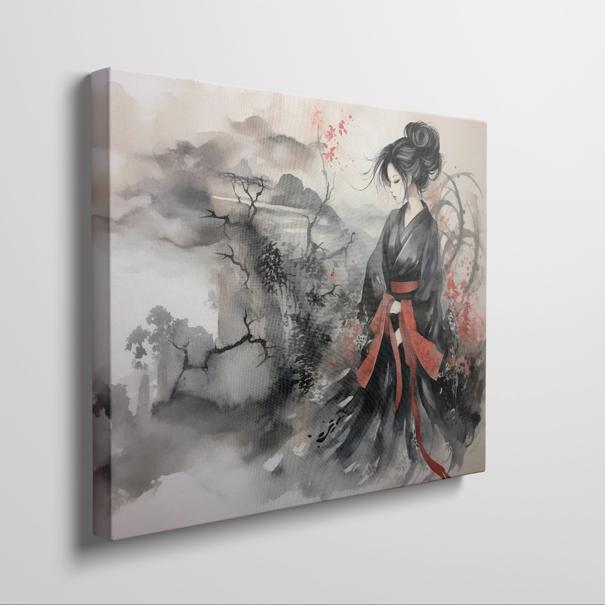 Framed canvas print of a geisha in a traditional black and red attire, set against an Asian-inspired misty mountainous landscape with ink wash and watercolour.