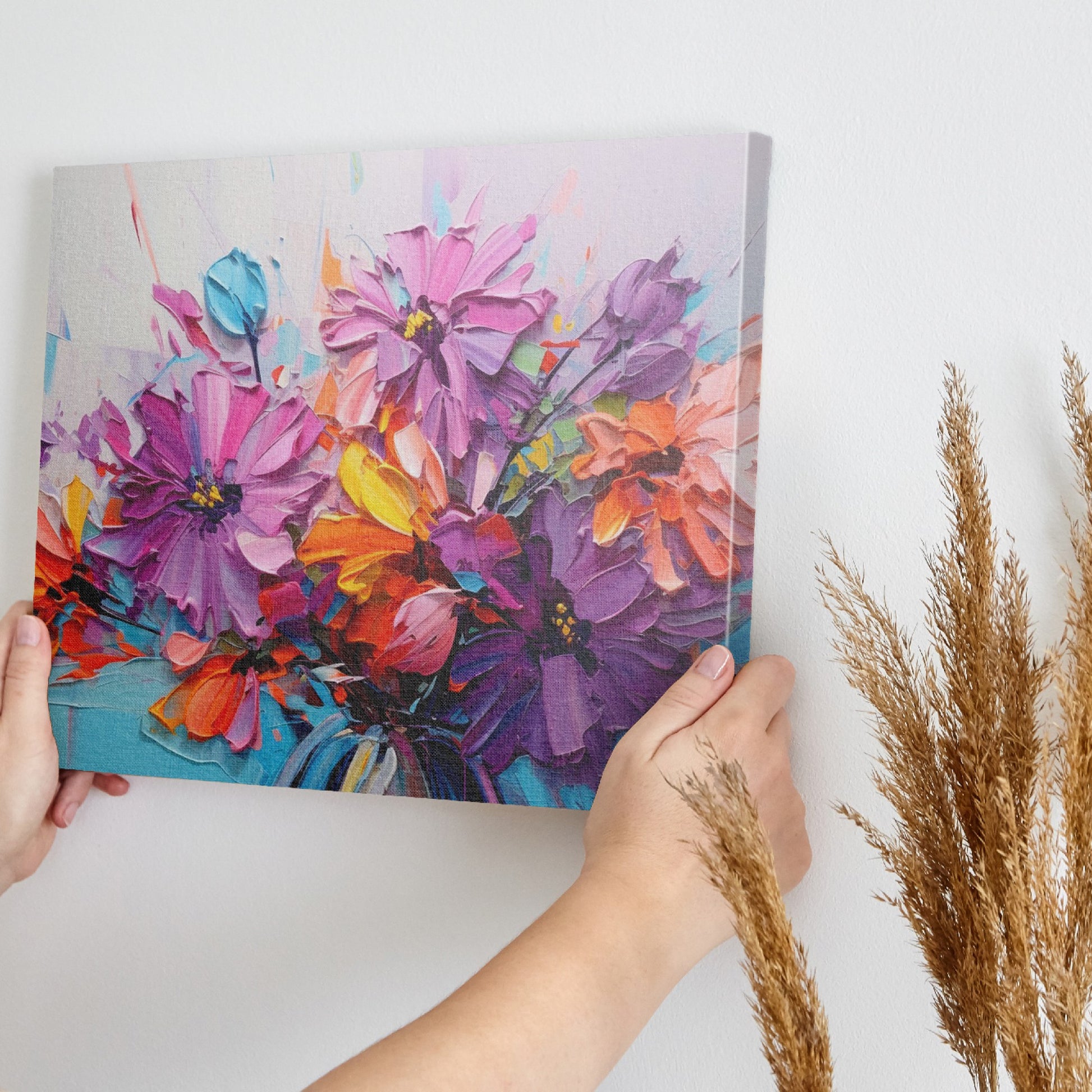 Framed canvas print of vibrant botanical impasto, with textured flowers in bright colours