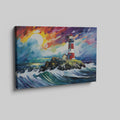 Abstract painting of a lighthouse with colorful brush strokes representing waves and sunset