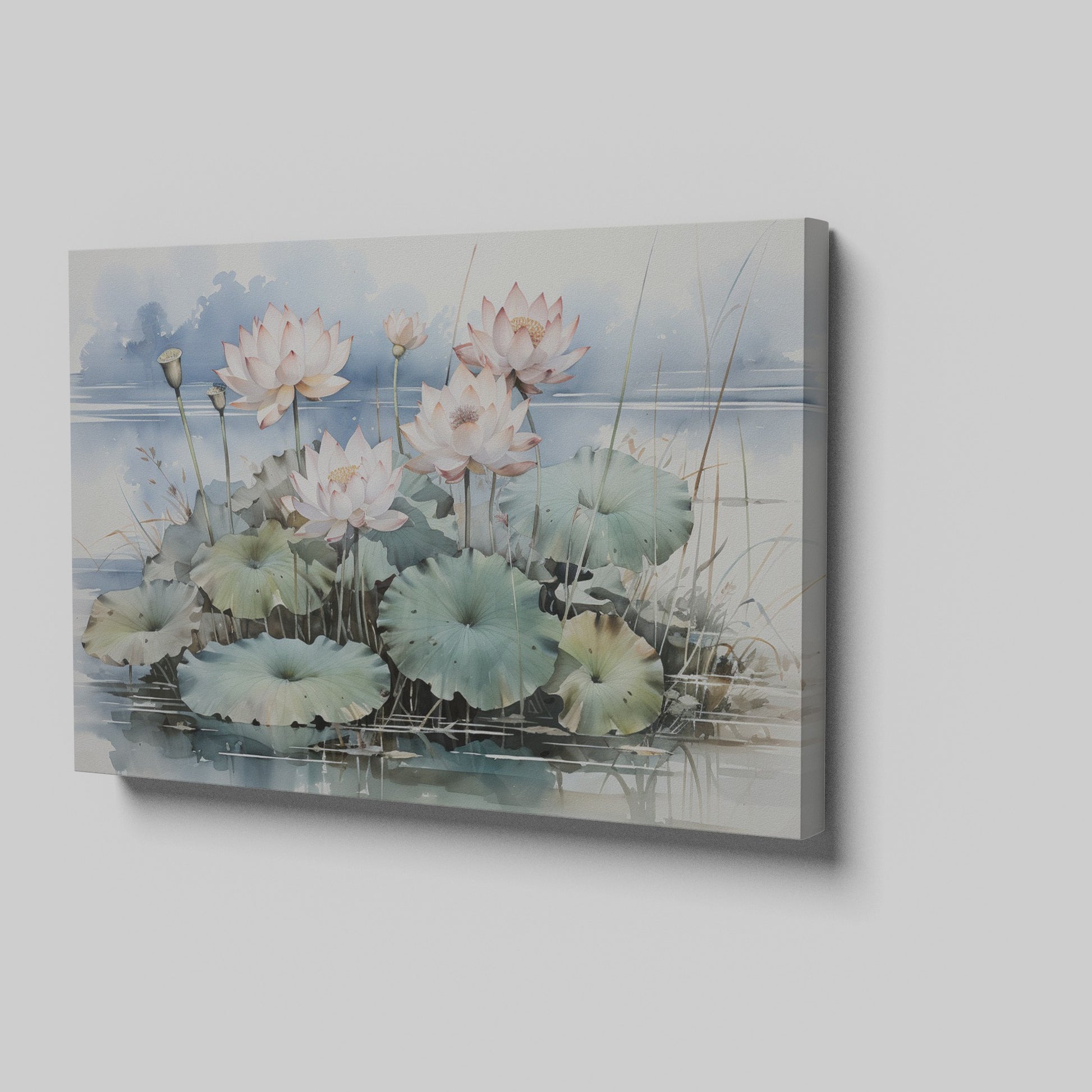 Framed canvas print of serene lotus pond with blooming flowers and gentle hues