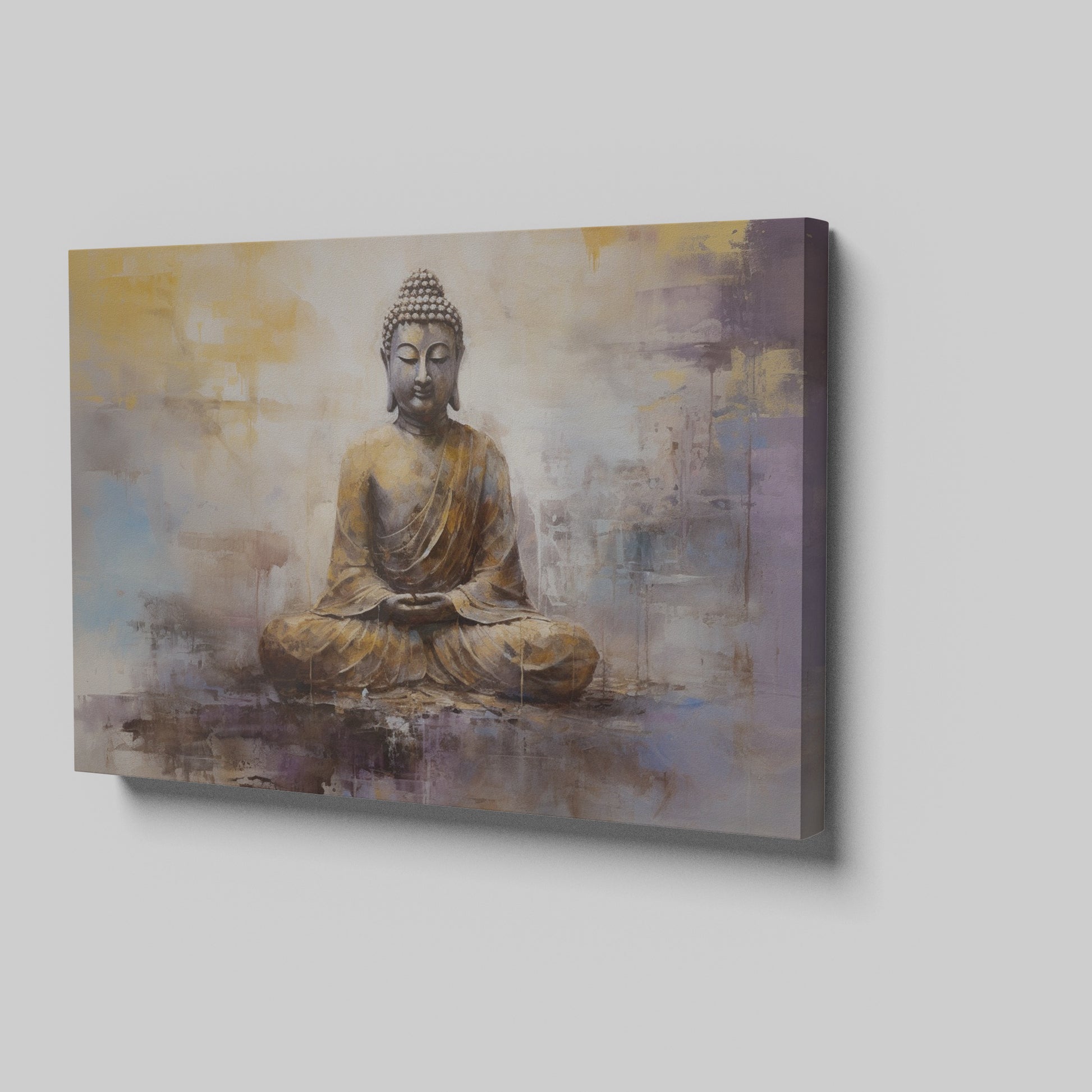 Framed canvas print of a golden Buddha in meditative pose with abstract background