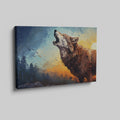 Framed canvas print of stylised howling wolf at sunset with forest backdrop