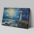 Framed canvas print of an impressionist lighthouse seascape with textured brushwork and dynamic ocean waves