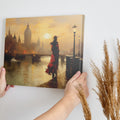 Framed canvas print of a vintage-style sunset over London's Thames, with elegant silhouette and warm colour palette