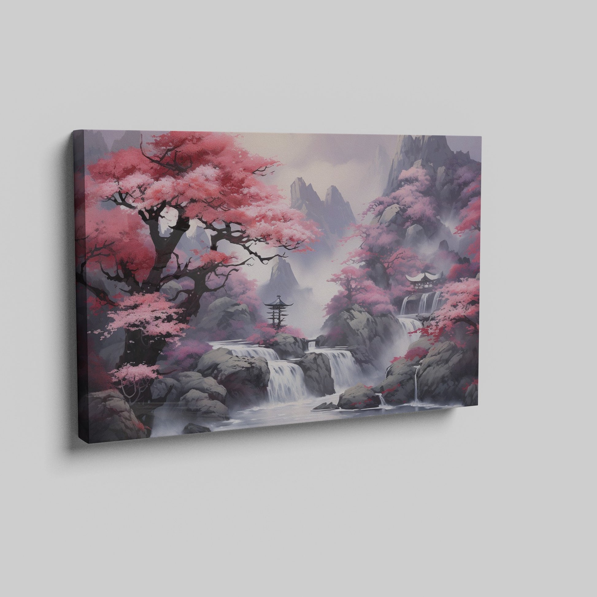 Framed canvas print of a mystic Eastern landscape with cherry blossoms and a mountain waterfall