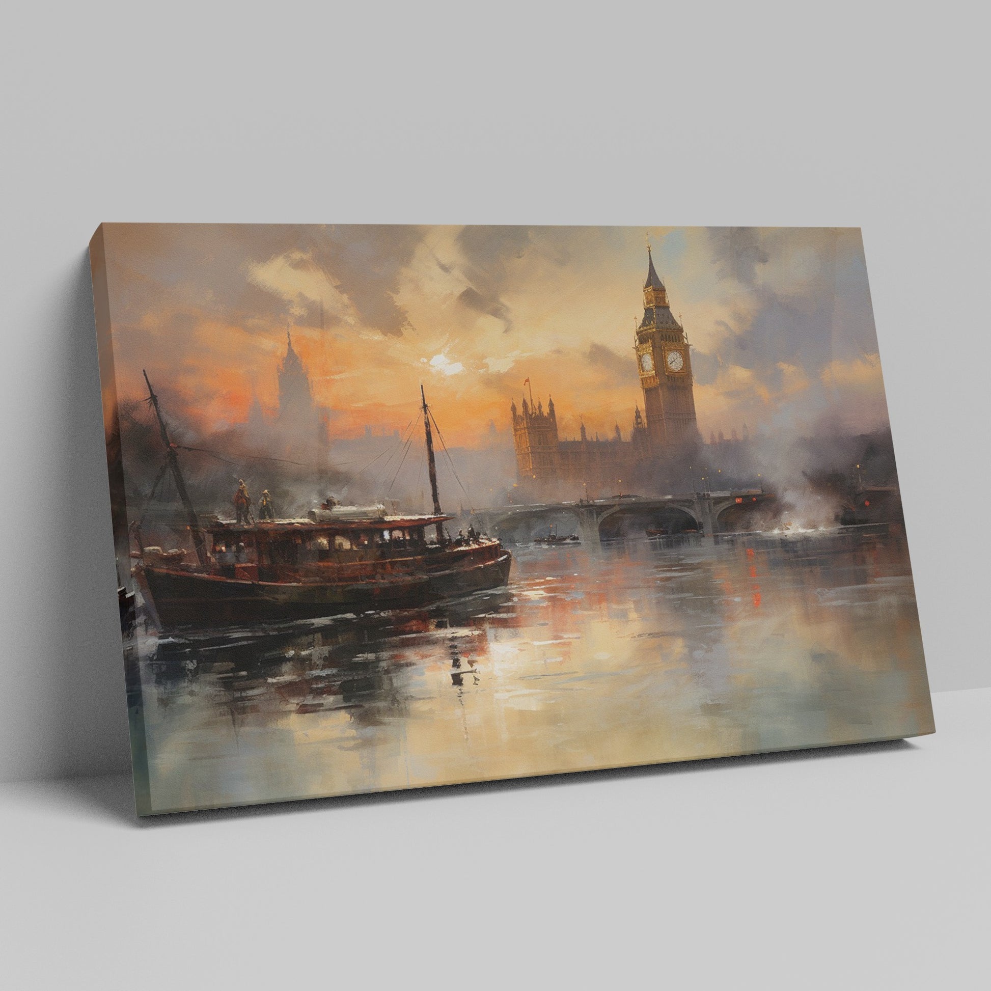 Framed canvas print of London's Big Ben and River Thames at sunset with warm orange hues