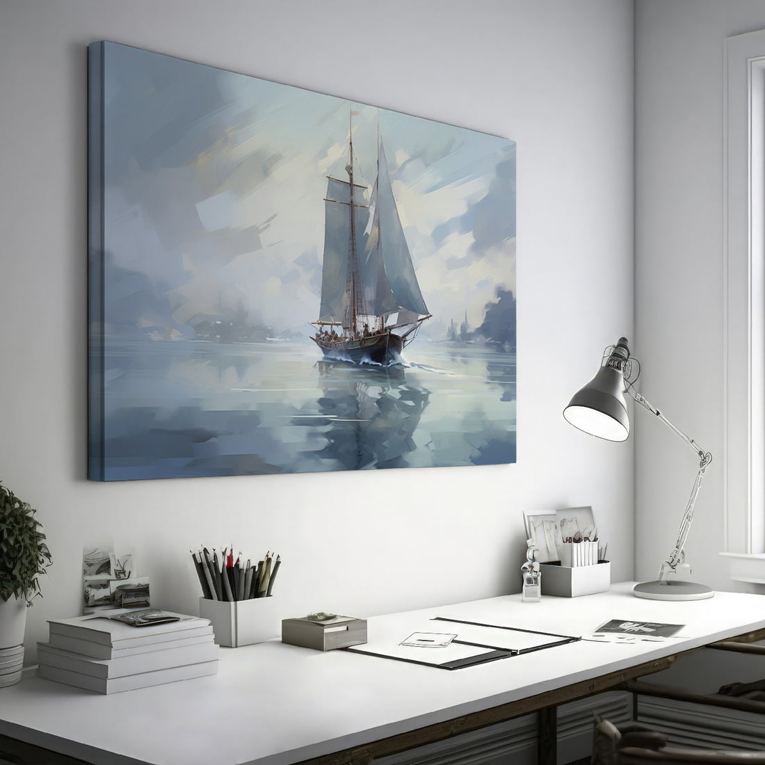 Framed canvas print of an impressionistic painting of a sailboat in a misty seascape setting