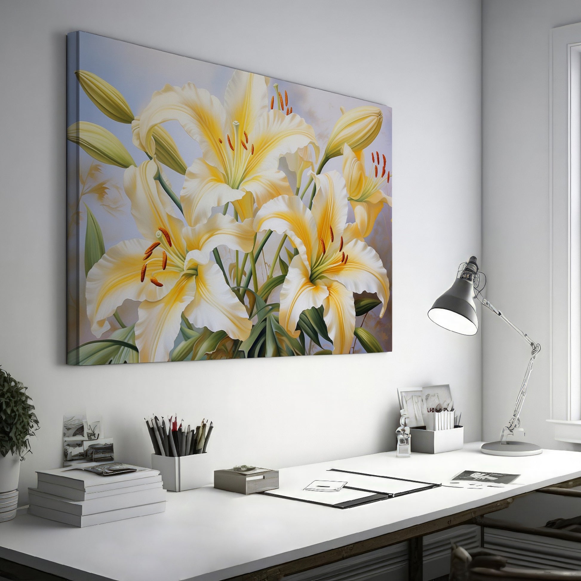 Framed canvas print of realistic sunlit yellow daylilies with lush green leaves