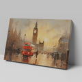 Framed canvas print of an impressionistic London cityscape featuring Big Ben and a red double-decker bus at sunset