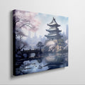 Digital painting of an Asian temple with cherry blossoms and a bridge over a reflective pond