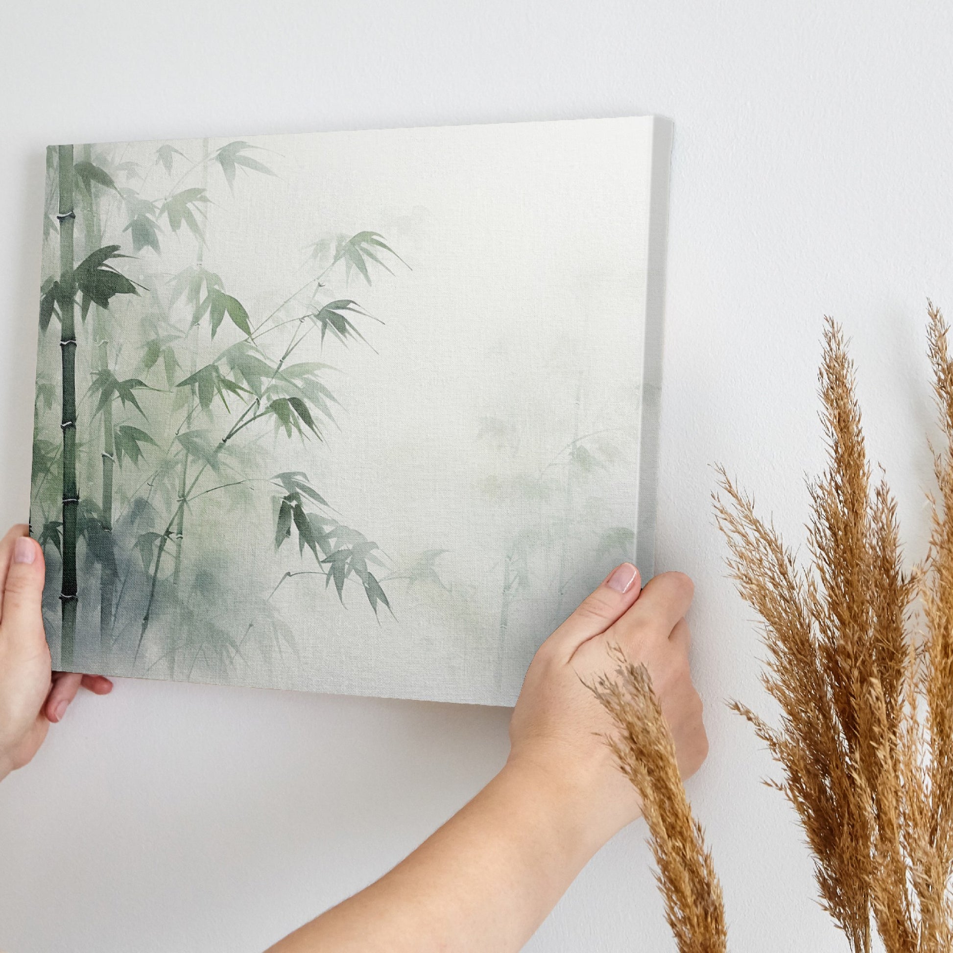 Framed canvas print of a misty bamboo forest in tranquil green and white tones