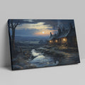 Framed canvas print of a tranquil rural cottage scene at dusk with reflections in a stream