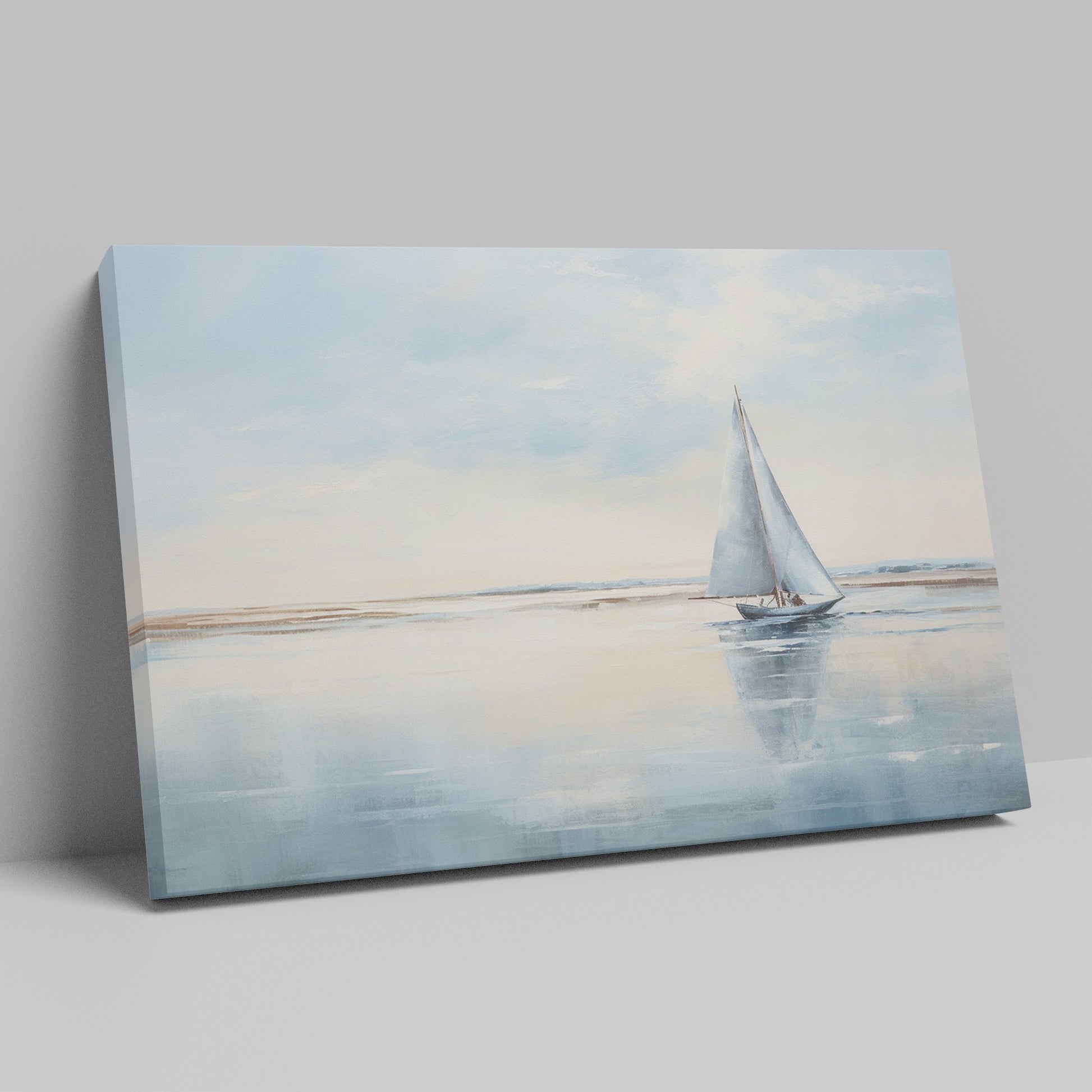 A serene painting of a sailboat on calm blue waters under a vast sky, reflecting a peaceful coastal scene.