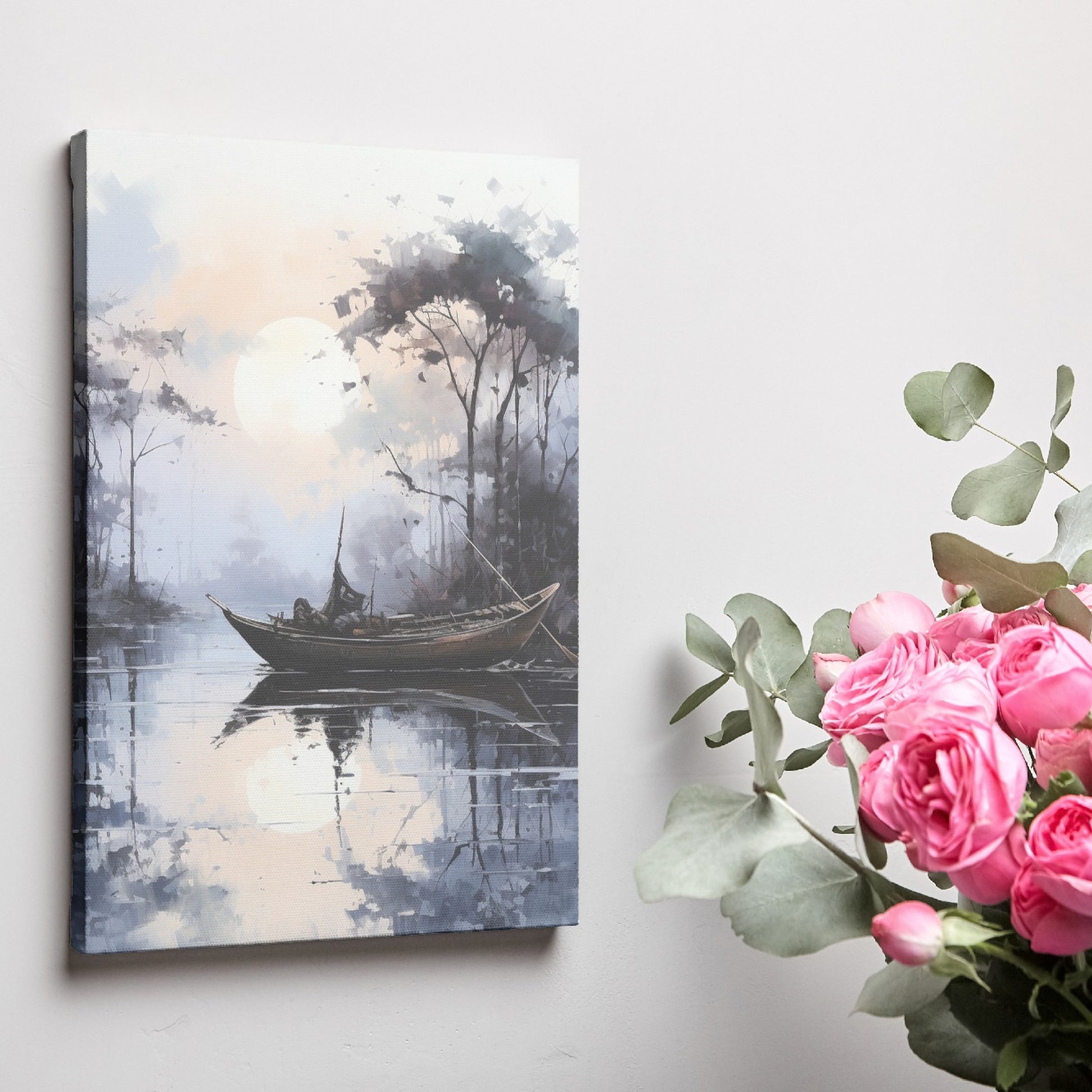 Framed canvas print of a watercolor landscape featuring a sunset, a boat, and reflections on a tranquil lake