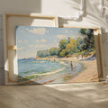 Framed canvas print of an impressionist beach scene with sailboats and people enjoying the shore