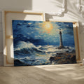 Framed canvas print of a vibrant impasto painting featuring a lighthouse at sunset with dynamic ocean waves