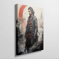 Framed canvas print of a samurai warrior in traditional Japanese attire with a red crescent background