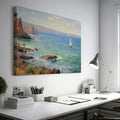 Framed canvas print of an impressionist painting depicting sailing boats on a serene sea beside a coastal cliff