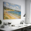 Framed canvas print of Impressionist seascape featuring a sunlit British coastline with blue waters and sandy beach