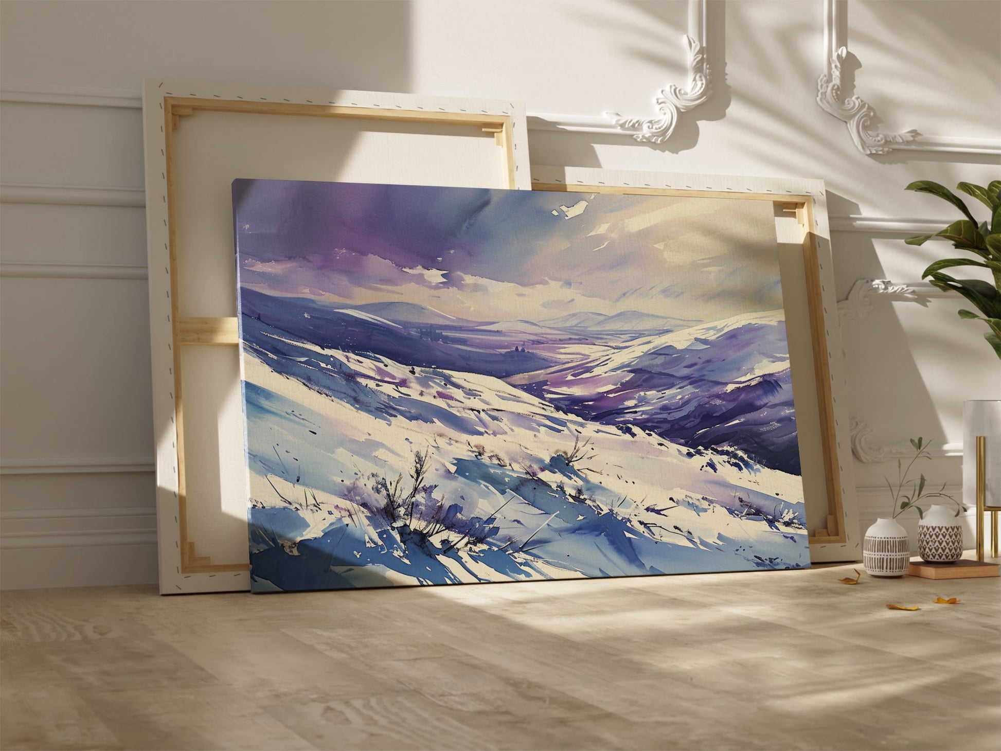 Framed canvas print of a snowy mountain landscape in watercolour with shades of purple and blue