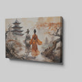 Framed canvas print of traditional Chinese pagoda landscape with figures in kimonos and cherry blossoms