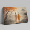 Framed canvas print of oriental scenery with two figures, autumn trees, and a pagoda