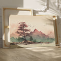 Framed canvas print of a tranquil mountain landscape with pastel colours and cherry blossoms