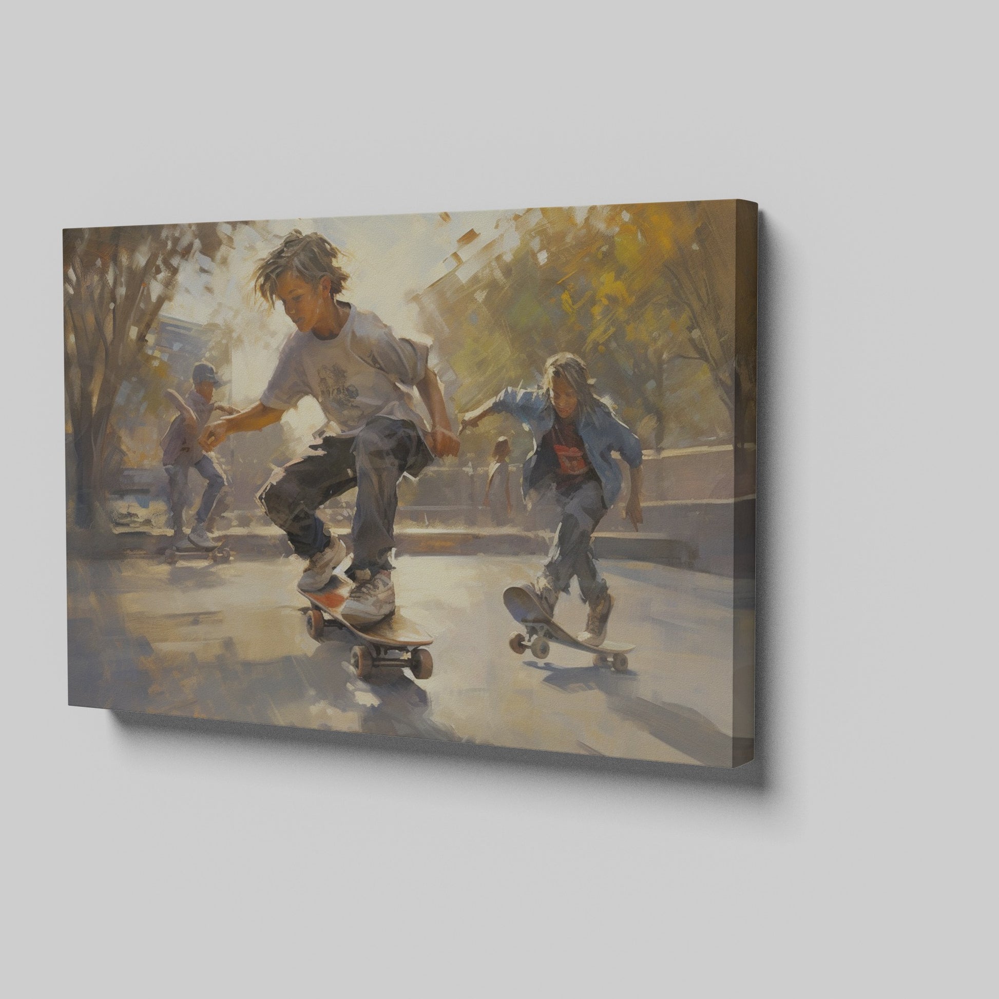 Framed canvas print capturing the movement and energy of young skateboarders at a sunlit urban skatepark