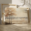 Framed canvas print of misty autumnal river scene with leafless trees and bird in flight