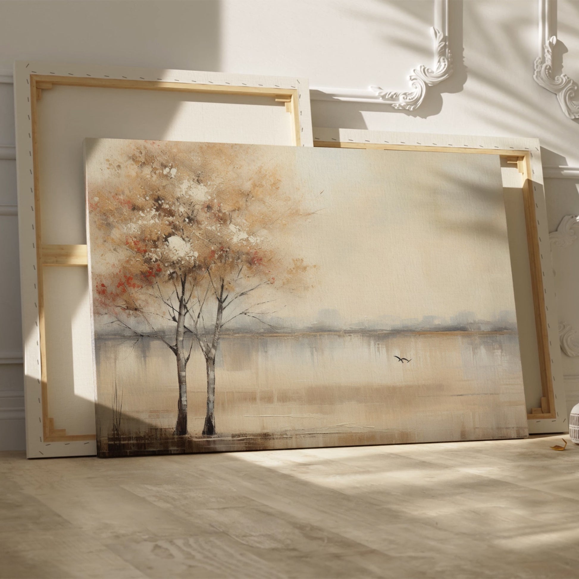 Framed canvas print of misty autumnal river scene with leafless trees and bird in flight