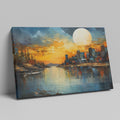 Framed canvas print of vibrant sunset with cityscape reflection over water and textured brush strokes