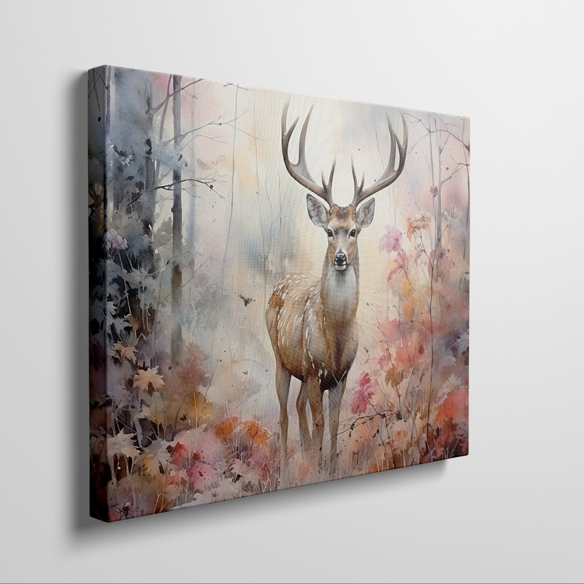 Framed canvas print of a majestic stag in a misty autumn forest